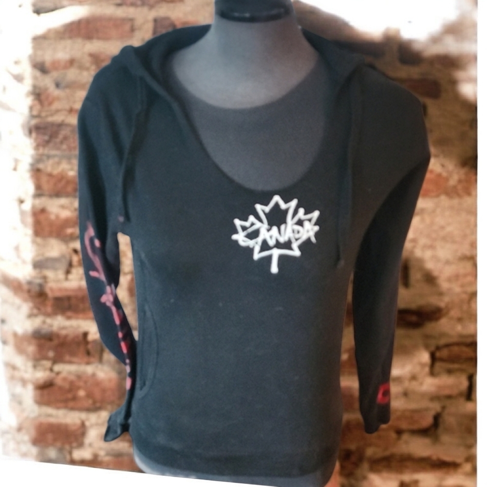 Black Hooded Women's Top with Maple Leaf Design